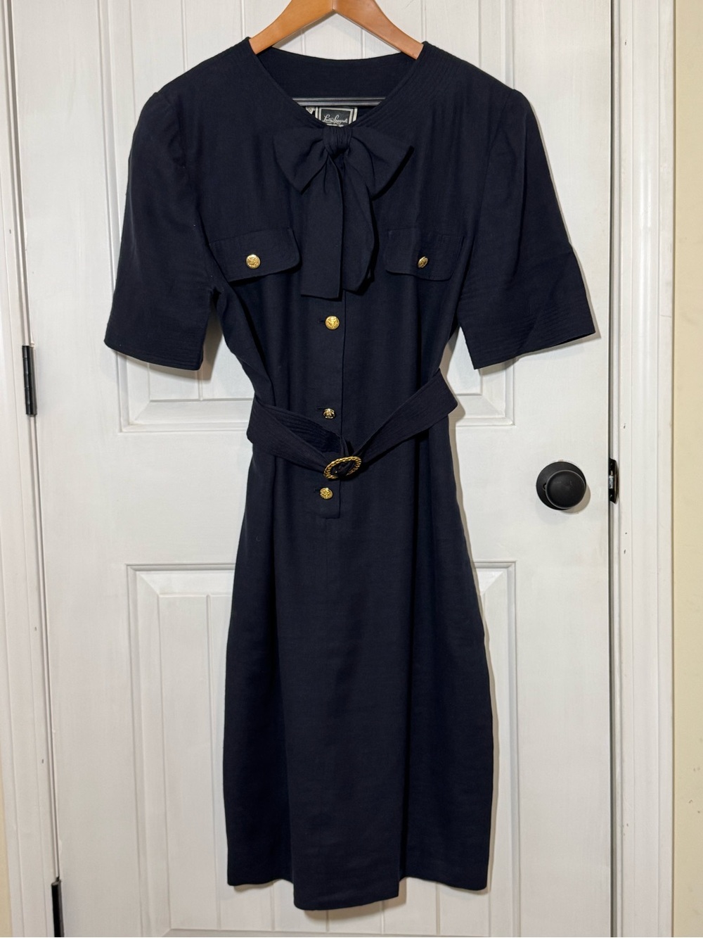 Luisa Spagnoli Navy Bow-Front Midi Dress with Gold Buttons and Belt - Vintage!